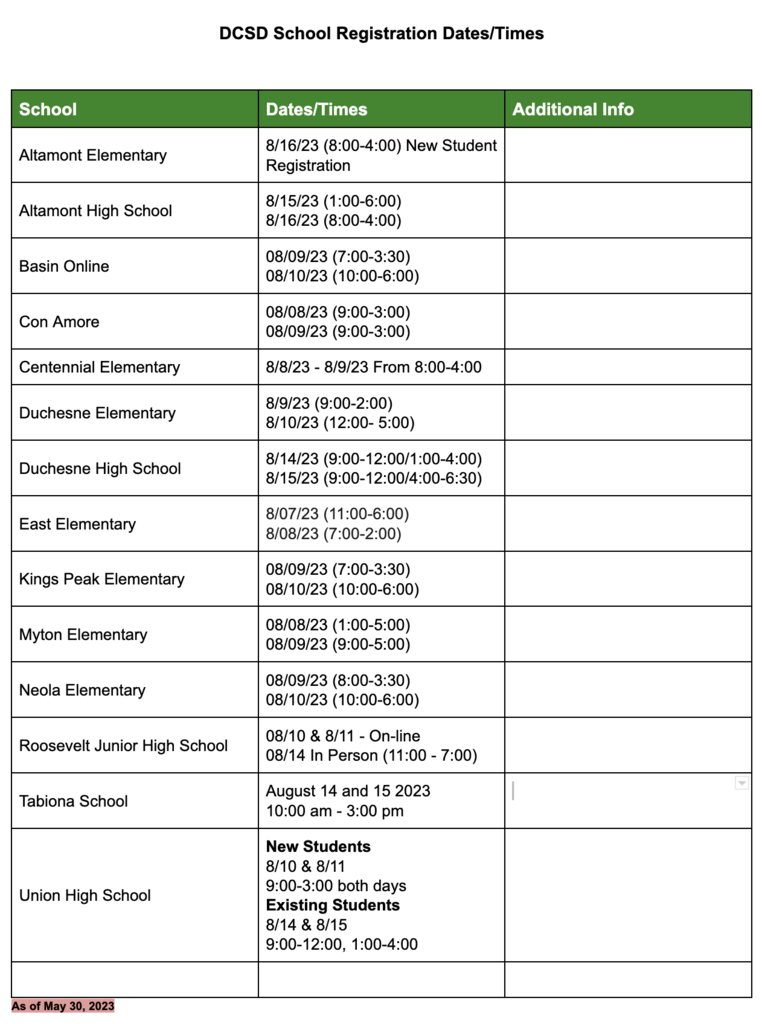 DCSD School Registration Dates and Times for the 2023-2024 school year.