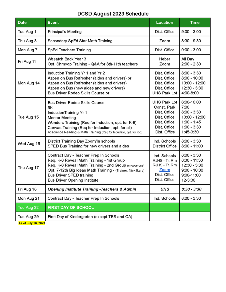 DCSD August 2023 Schedule