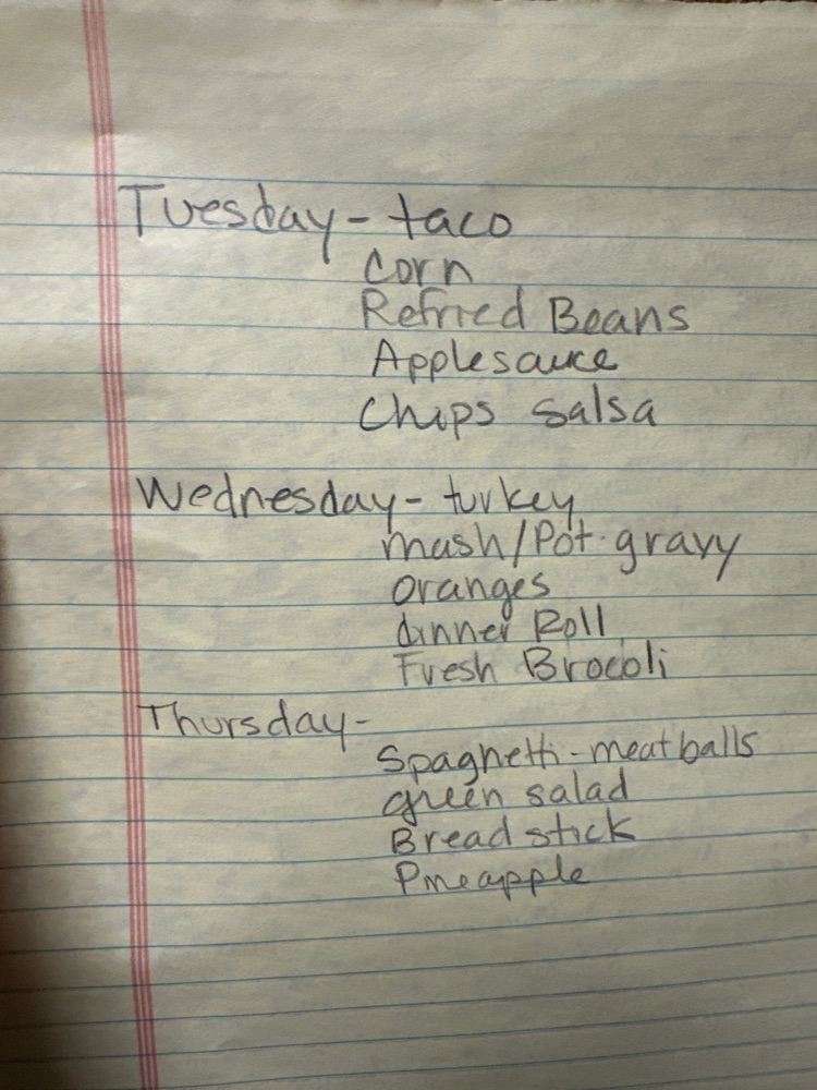 Updated Menu for the week 